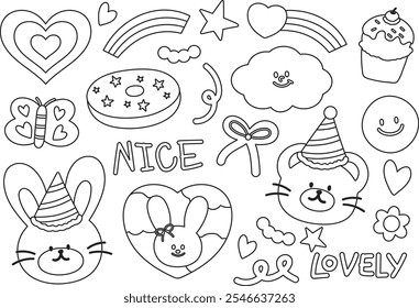 Cute outlines of bunny, teddy bear, rainbow, heart, butterfly, donut, cupcake, party hat, cloud for cartoon character, comic, mascot, sweet dessert, happy easter, kid colouring book, art, painting