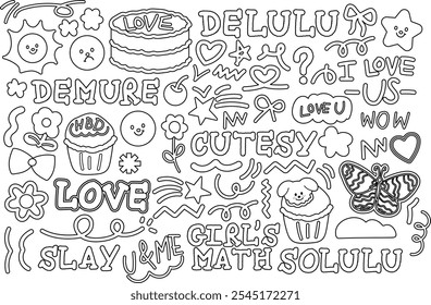 Cute outlines of butterfly, cake, cupcake, flower, sun, girl's power words for women empowerment, sweet dessert, cafe, cute patches, brooch, font, campaign badge, kid colouring book, art, painting, ad