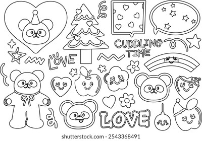 Cute outlines of happy panda, party hat, Christmas tree, apple, heart, rainbow, flower, star for festive decoration, cartoon character, comic, animal, zoo, souvenir, kid colouring book, art, painting