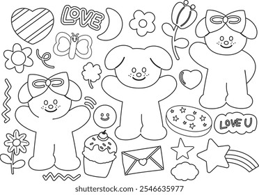 Lindos contornos de cachorro, corazón, flores, arco iris, hoja de trébol, donut, cupcake para niño libro para colorear, arte, pintura, boceto, tatuaje, animales, mascota, veterinario, perro pegatina, personaje de dibujos animados, juguete de peluche, muñeca