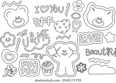 Cute outlines of teddy bear, cat, clover leaf, puppy, star, flower, heart, cupcake for animals, cartoon character, cute patches, standee, shirt print, dessert, kid colouring book, art, painting, zoo