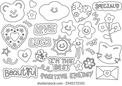 Cute outlines of teddy bear, cat, clover leaf, star, flower, heart, sun for positive energy, happy emoji, Valentine's Day, cartoon characters, patch, lucky icon, kid colouring book, art, painting, ads