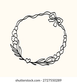Cute oval border illustration with wavy lines, floral, and whimsical doodle accents. Ideal for birthday cards, Easter decor, and charming retro labels.