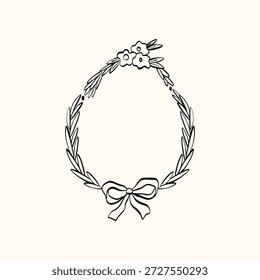 Linda ilustración de borde ovalado con líneas onduladas, acentos florales y caprichosos doodle. Ideal para tarjetas de cumpleaños, decoración de Pascua y etiquetas retro con encanto.