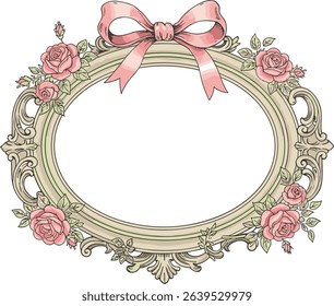 Cute oval shaped vintage frame with bow. Hand drawn coquette template for card, poster, print design. Ornate girly decoration for valentine day, wedding celebration. 