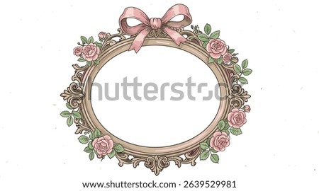 Cute oval shaped vintage frame with bow. Hand drawn coquette template for card, poster, print design. Ornate girly decoration for valentine day, wedding celebration. 
