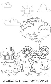 Cute oven farm animals coloring book educational illustration for children. Rural landscape colouring page. Vector black white outline cartoon character