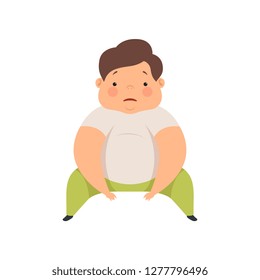 Cute overweight boy sitting on the floor, chubby child cartoon character vector Illustration on a white background