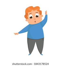 Cute Overweight Chubby Boy, Cheerful Fat Unhealthy Kid Character Doing Sports Exercise Cartoon Style Vector Illustration