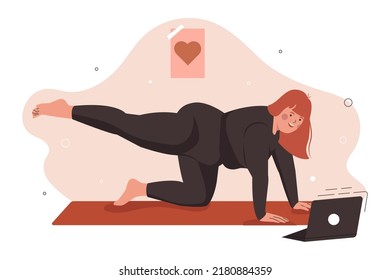 Mujer con sobrepeso haciendo yoga. Concepto de amor para tu cuerpo, cuerpo positivo y estilo de vida saludable. Ilustración vectorial plana.