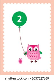 cute owl 2nd birthday greeting with balloon vector