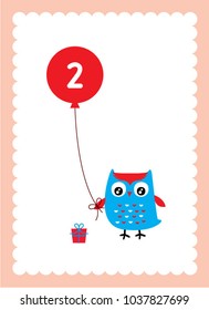 cute owl 2nd birthday greeting with balloon vector