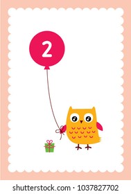 cute owl 2nd birthday greeting with balloon vector