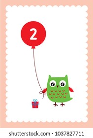 cute owl 2nd birthday greeting with balloon vector