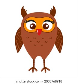 Cute owl, adorable bird, funny owl, isolated flat vector illustration on white background