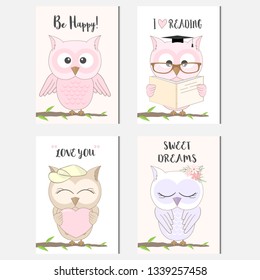 Cute owl animal cartoon and text card set illustration