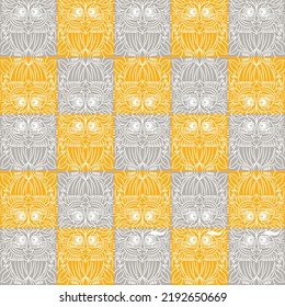Cute Owl Tier nahtlose Muster im Boho-Stil. Schachbrettmuster mit abwechselnden Gelben und Grau. Kann bedruckt und verwendet werden als Umhüllung Papier, Tapete, Textil, Färbung, Stoff.