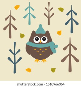 Cute owl in autumn forest. Funny woodland character. Wise bird in scarf and hat. Fall leaves, trees. Vector