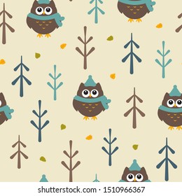 Cute owl in autumn forest. Seamless, pattern,
Funny woodland character. Wise bird in scarf and hat. Fall leaves, trees. Vector
