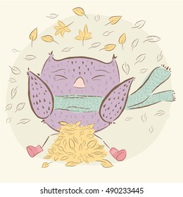 Cute owl with autumn leaves. character owl, autumn. baby illustration. Shirt design. Simple doodle sketch of a owl. owl with emotions. Collection of owl in nature in autumn.