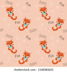 Cute owl baby seamless pattern. Design element, clipart with hand drawn cartoon owl, bibs, pacifier, socks, bottle and ball.