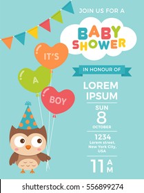 Cute owl with balloons for baby shower invitation card design template