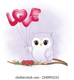 Cute owl and balloons valentine's day concept illustration