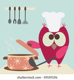cute owl with a bawl cooking in the kitchen