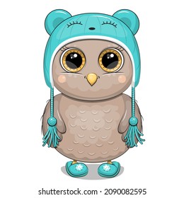 Cute owl in a bear hat and slippers. Vector illustration of an animal on a white background.