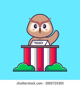 Cute owl is being a ticket keeper. Animal cartoon concept isolated. Can used for t-shirt, greeting card, invitation card or mascot.
