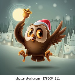 cute owl with bell on christmas night