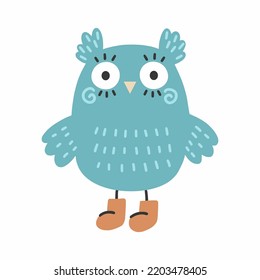 Cute owl with big eyes in boots. Autumn illustration. Sticker to nursery.
