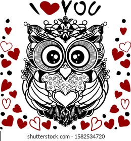 Cute owl with big eyes illustration. The bird between the red hearts, the inscription - I love you. Greeting for Valentine's Day.Vector