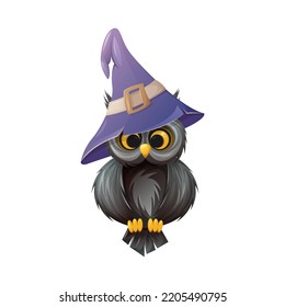 Cute owl with big eyes in a sorcery purple hat. Symbol of wisdom and night. Cartoon vector illustration of a bird.