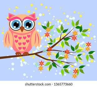 Cute owl with big eyes in a trendy coral color on a blossoming tree branch, design, spring concept