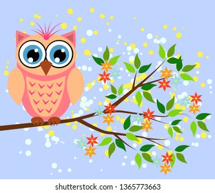 Cute owl with big eyes in a trendy coral color on a blossoming tree branch, design, spring concept