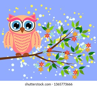 Cute owl with big eyes in a trendy coral color on a blossoming tree branch, design, spring concept