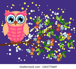 Cute owl with big eyes in a trendy coral color on a blossoming tree branch, design, spring concept