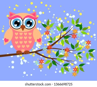 Cute owl with big eyes in a trendy coral color on a blossoming tree branch, design, spring concept