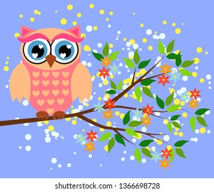 Cute owl with big eyes in a trendy coral color on a blossoming tree branch, design, spring concept