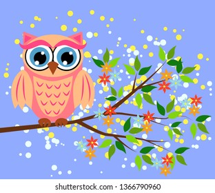 Cute owl with big eyes in a trendy coral color on a blossoming tree branch, design, spring concept
