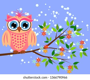 Cute owl with big eyes in a trendy coral color on a blossoming tree branch, design, spring concept