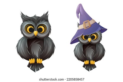 Cute owl with big eyes with and without sorcery purple hat. Symbol of wisdom and night. Cartoon vector illustration of a bird.