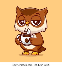 Cute Owl Bird Drinking Hot Coffee Cartoon Vector Icon Illustration. Animal Drink Icon Concept Isolated Premium Vector. Flat Cartoon Style