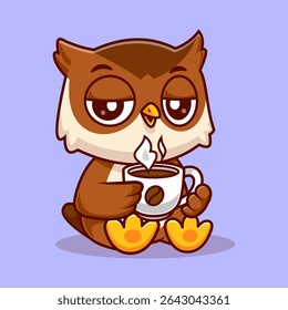 Cute Owl Bird Drinking Hot Coffee Cartoon Vector Icon Illustration. Animal Drink Icon Concept Isolated Premium Vector. Flat Cartoon Style