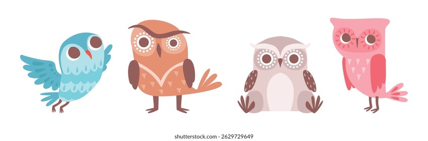 Cute Owl Bird with Feather and Wing Vector Set