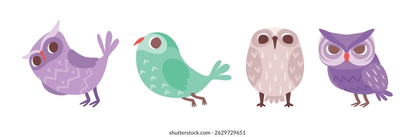 Cute Owl Bird with Feather and Wing Vector Set