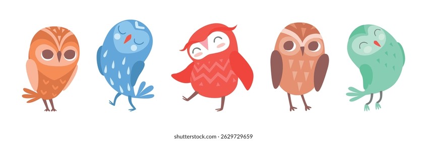 Cute Owl Bird with Feather and Wing Vector Set