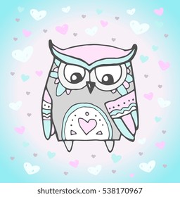 Cute owl bird, heart pattern. Vector animal. Love bohemia concept for wedding invitation card, ticket, branding, logo, label. Gift for girl, women. Pink, blue, beige, grey pastel colors. Colorful