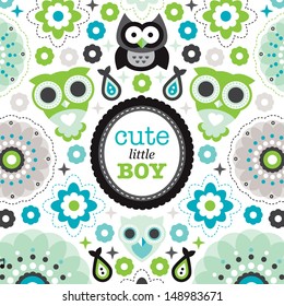 Cute owl and bird illustration baby boy birth announcement card template in vector 